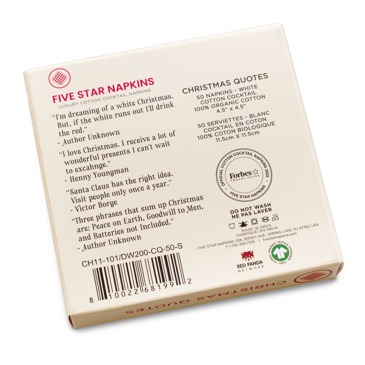 Five Star Napkins Christmas pack back, featuring cotton cocktail napkin details and festive quotes.