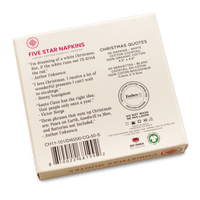 Five Star Napkins Christmas pack back, featuring cotton cocktail napkin details and festive quotes.