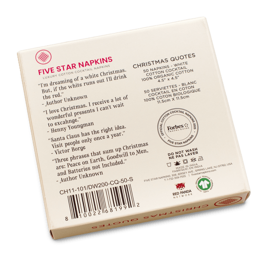 Five Star Napkins Christmas pack back, featuring cotton cocktail napkin details and festive quotes.