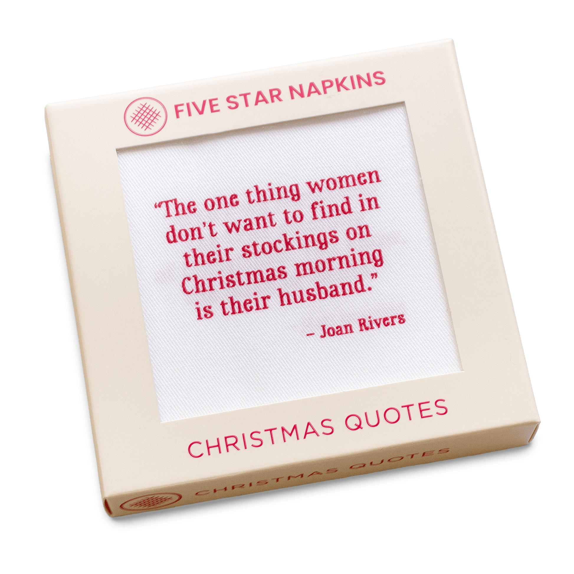 Five Star Napkins Christmas gift box with a festive Joan Rivers quote on white cotton napkin.