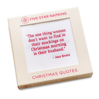 Five Star Napkins Christmas gift box with a festive Joan Rivers quote on white cotton napkin.