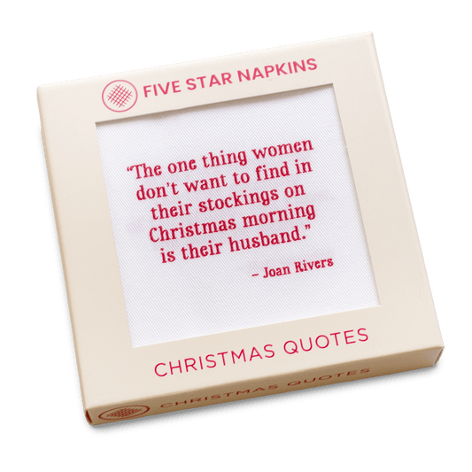 Five Star Napkins Christmas gift box with a festive Joan Rivers quote on white cotton napkin.