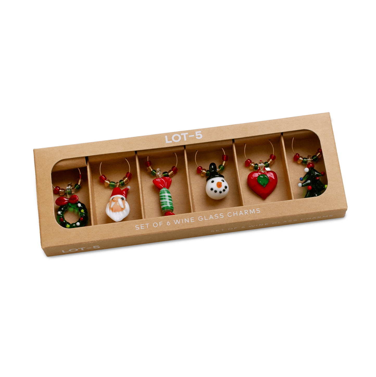 Set of 5 Christmas-themed wine glass charms in a cardboard box