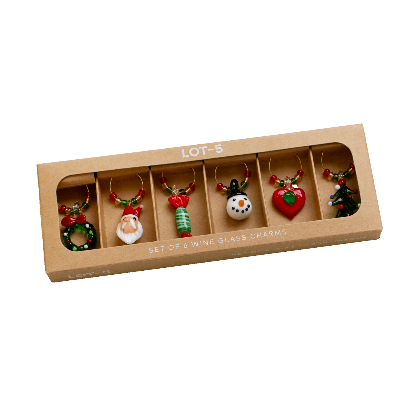Set of 5 Christmas-themed wine glass charms in a cardboard box on a white background