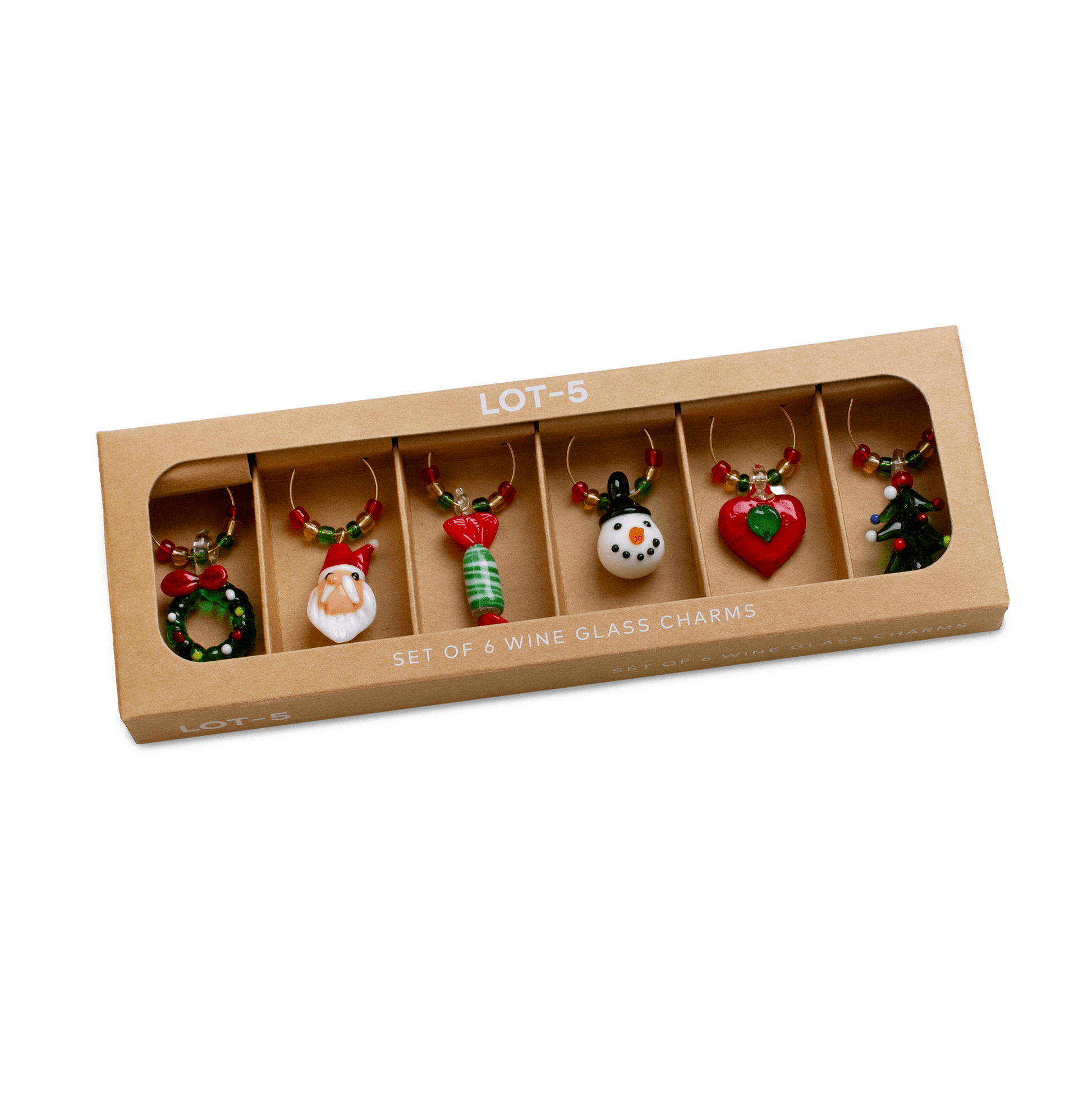 Boxed set of six Christmas-themed wine glass charms — wreath, Santa, candy cane, snowman, heart, and tree — by Five Star Napkins.