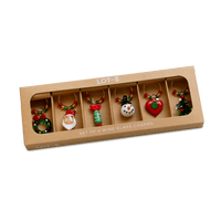 Boxed set of six Christmas-themed wine glass charms — wreath, Santa, candy cane, snowman, heart, and tree — by Five Star Napkins.