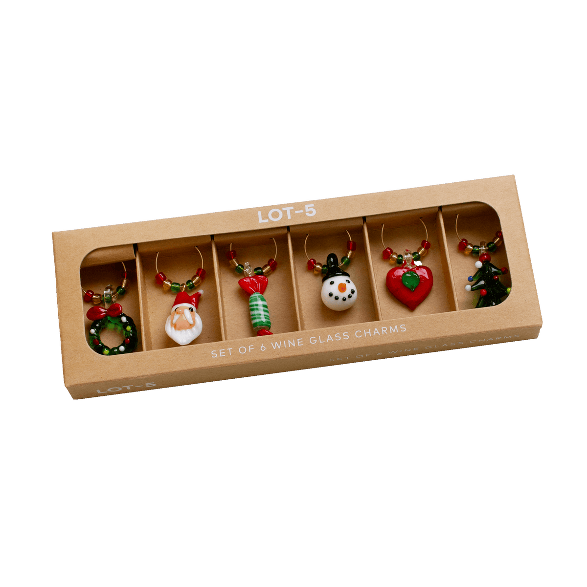 Set of 6 Christmas wine glass charms in festive shapes, perfect for holiday entertaining.