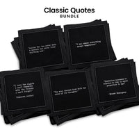 Stack of five organic cotton cocktail napkins, black, from Five Star Napkins' Classic Quotes Bundle, each printed with a different quote from the Oscar Wilde, Hemingway, Marcus Aurelius, Einstein, and Drinking Quotes collections