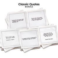 Stack of five organic cotton cocktail napkins from Five Star Napkins' Classic Quotes Bundle, each printed with a different quote from the Oscar Wilde, Hemingway, Marcus Aurelius, Einstein, and Drinking Quotes collections
