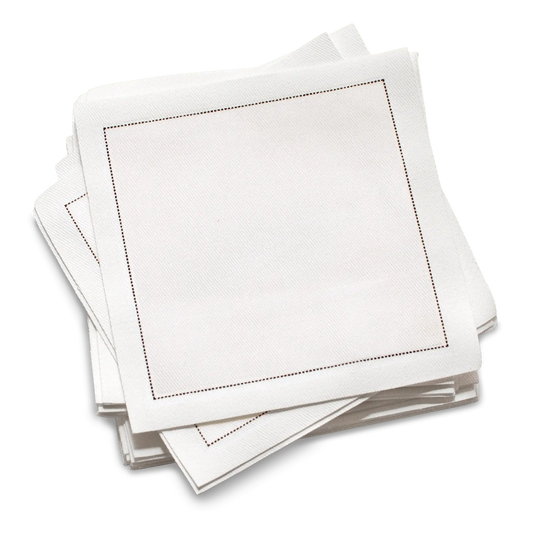 Stack of ecru organic cotton cocktail napkins, by Five Star Napkins.