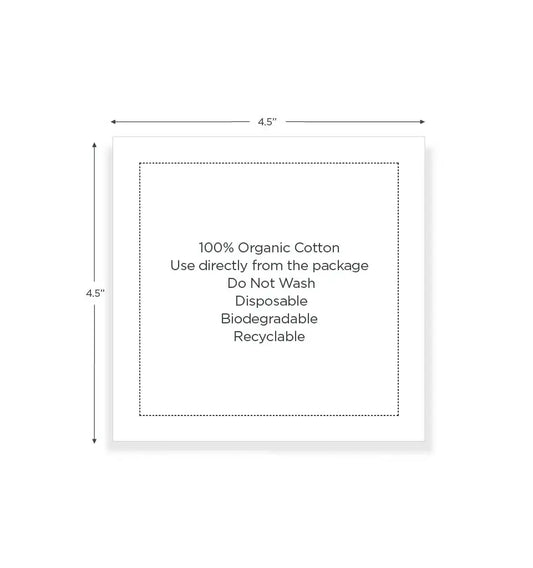 White organic cotton napkin, 4.5 x 4.5 inches, with printed care instructions and dotted border.