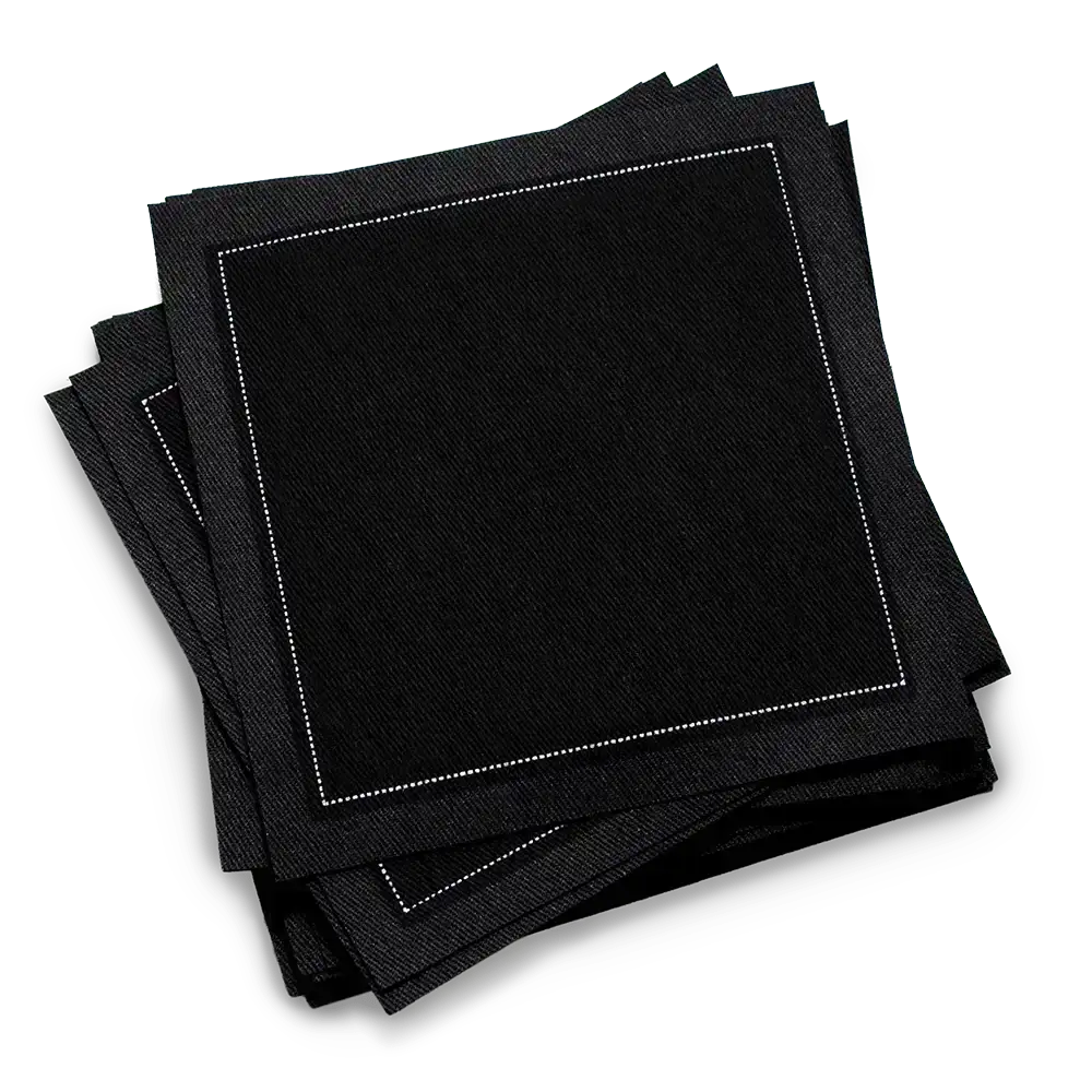 Black organic cotton cocktail napkins with white stitched border, luxury tableware set.