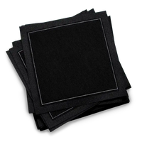 Black organic cotton cocktail napkins with white stitched border, luxury tableware set.