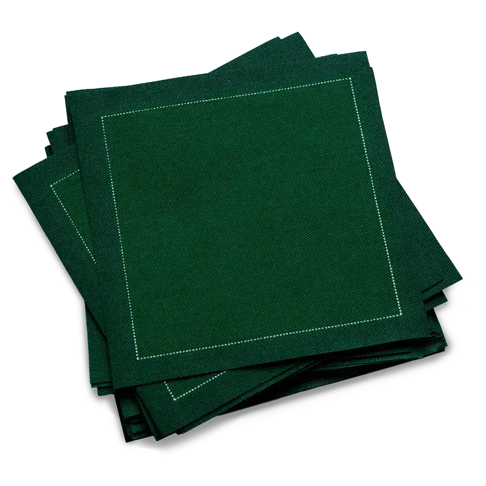 Luxury organic cotton cocktail napkins in British Racing Green with white stitched border