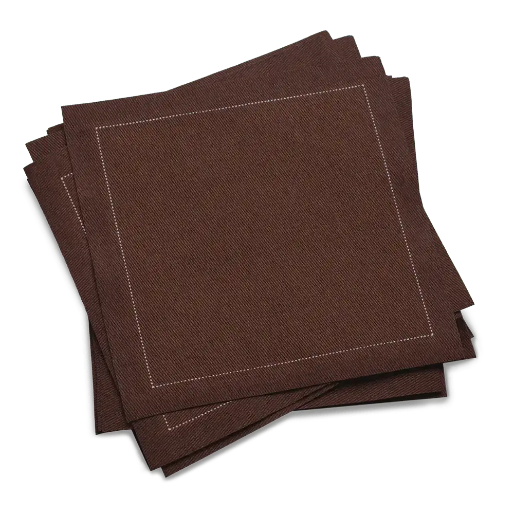 Brown organic cotton cocktail napkins with stitched border, luxury table linen from Five Star Napkins