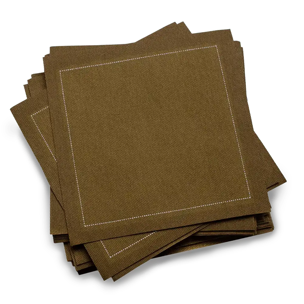 Khaki organic cotton cocktail napkins with white stitching from Five Star Napkins