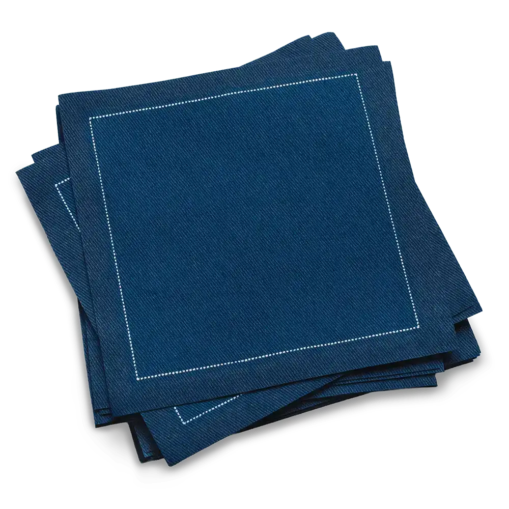 Midnight blue luxury organic cotton cocktail napkins with white stitched border