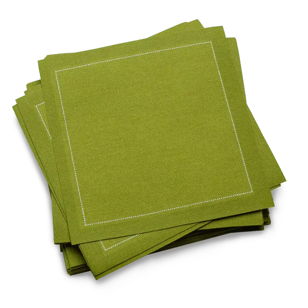 Green organic cotton cocktail napkins with white stitched border, Five Star Napkins
