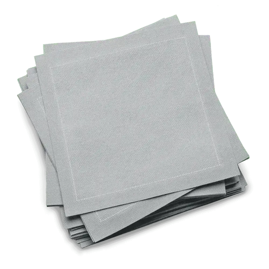 Stack of luxury organic cotton pearl grey cocktail napkins from Five Star Napkins