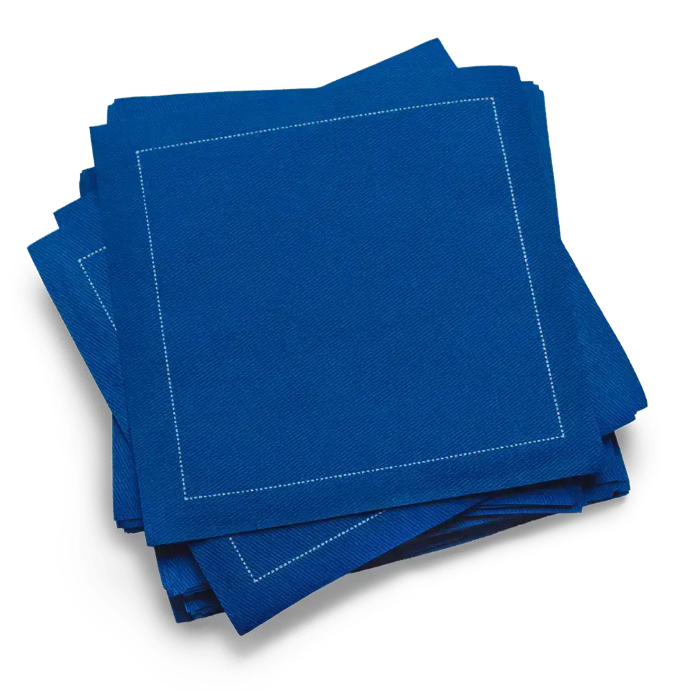 Royal blue organic cotton cocktail napkins with white stitched border, luxury table linen