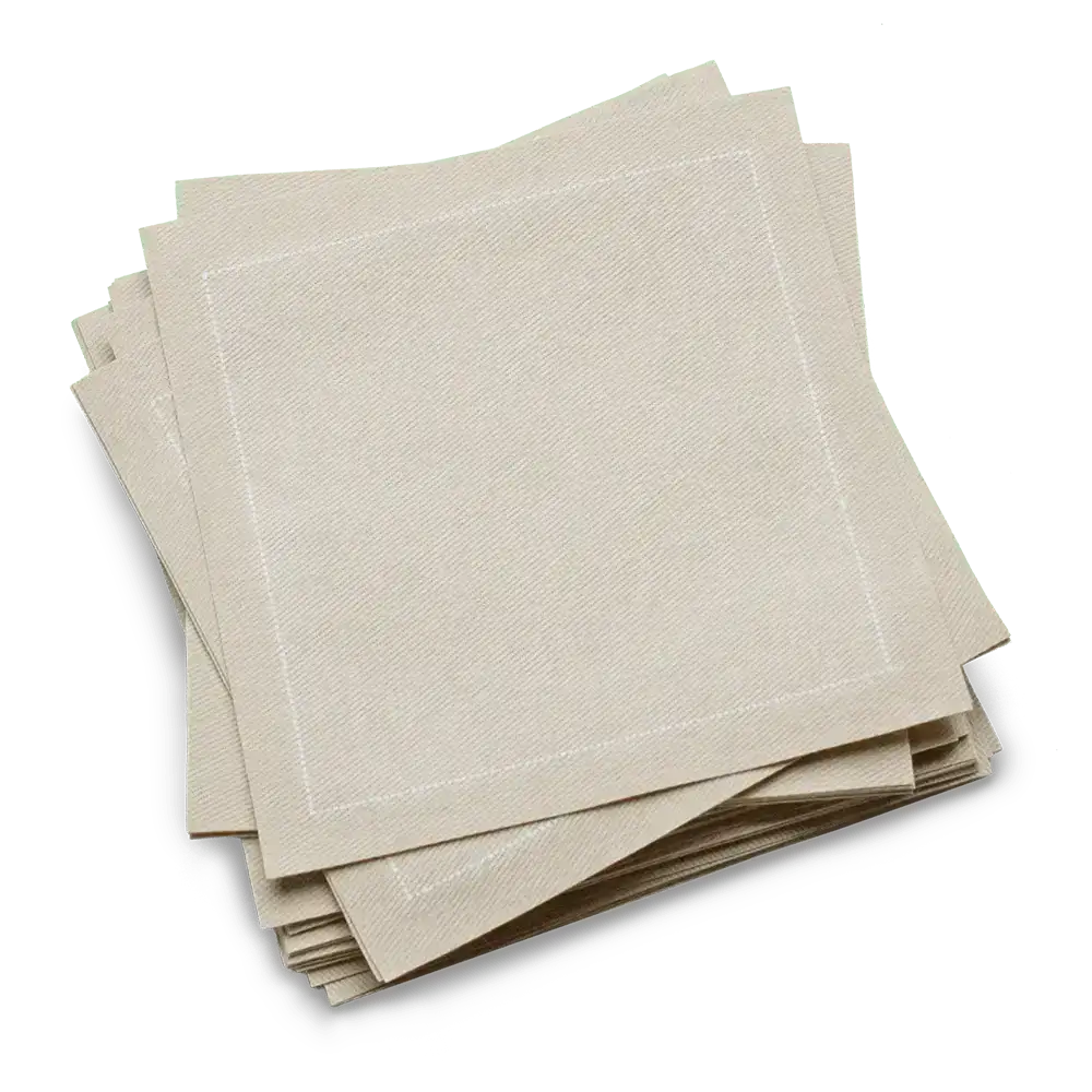 Beige organic cotton cocktail napkins from Five Star Napkins stacked neatly