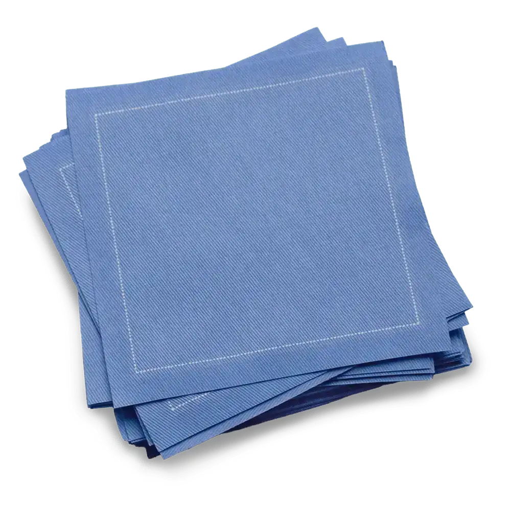 Stack of luxury sea blue organic cotton cocktail napkins from Five Star Napkins