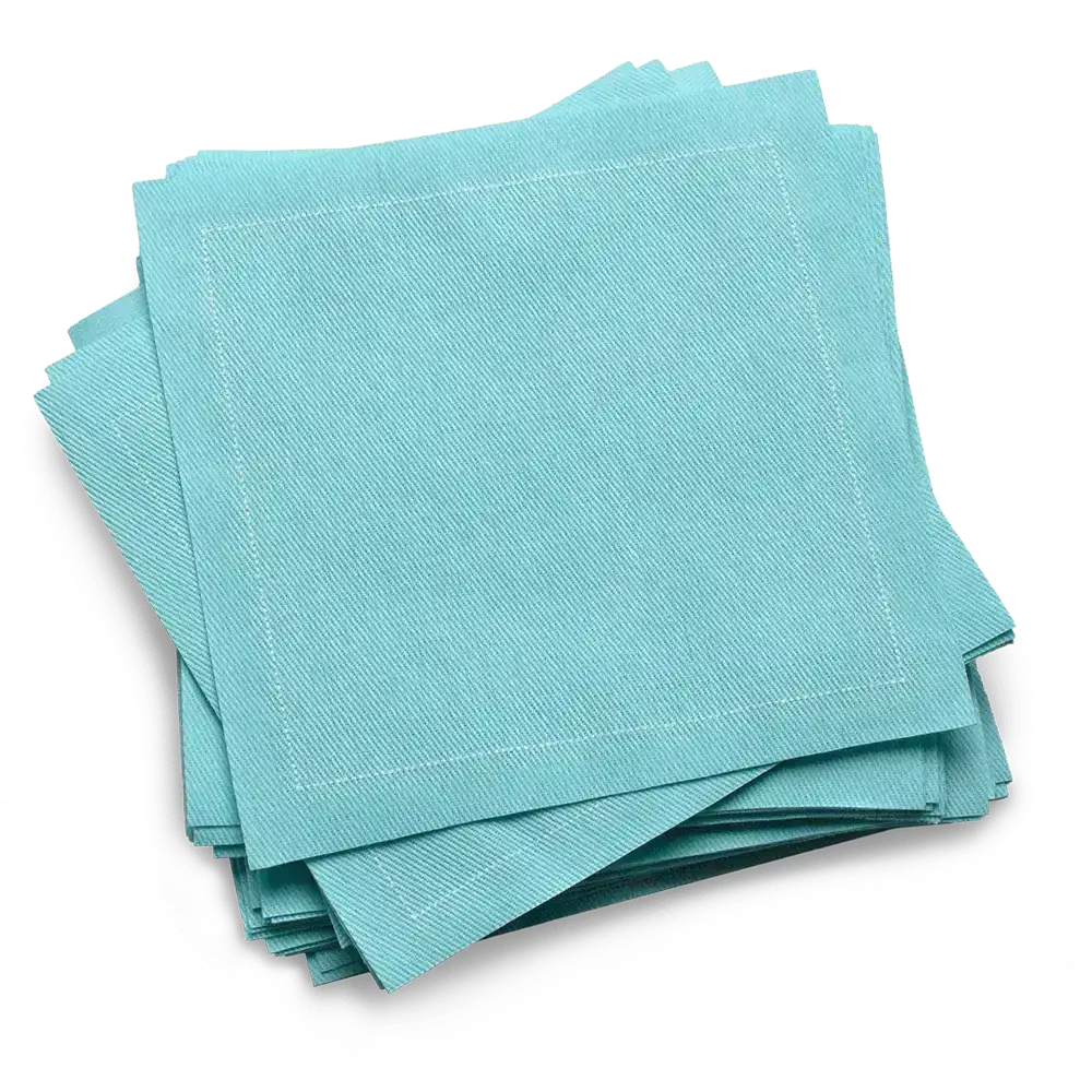 Stack of sea glass blue organic cotton cocktail napkins from Five Star Napkins