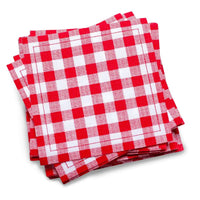 Stack of red and white gingham organic cotton cocktail napkins, by Five Star Napkins