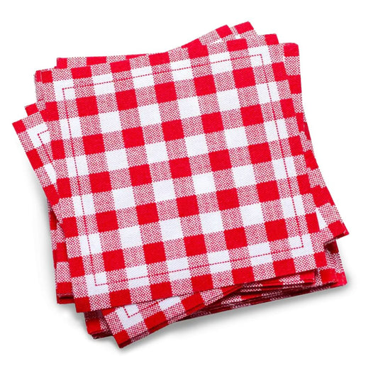 Stack of red and white gingham organic cotton cocktail napkins, by Five Star Napkins