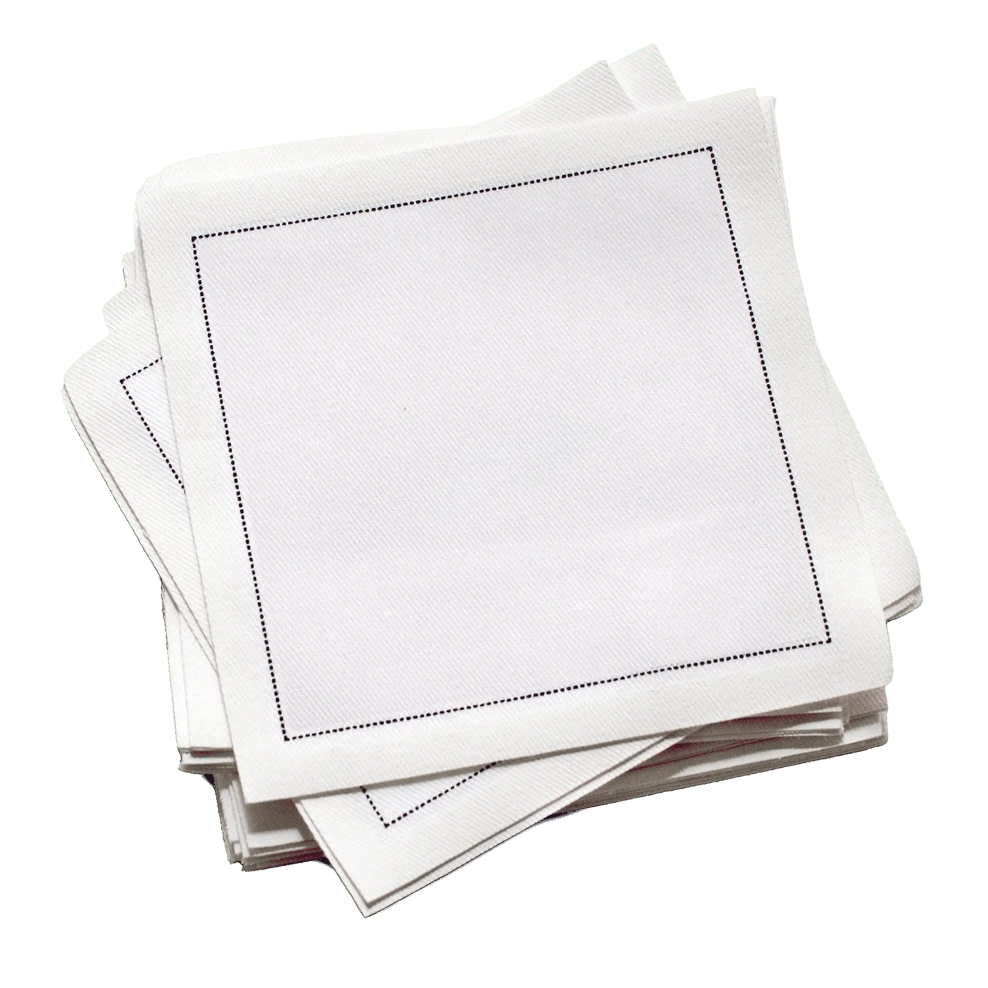 Stack of white organic cotton cocktail napkins with a black stitched border, by Five Star Napkins