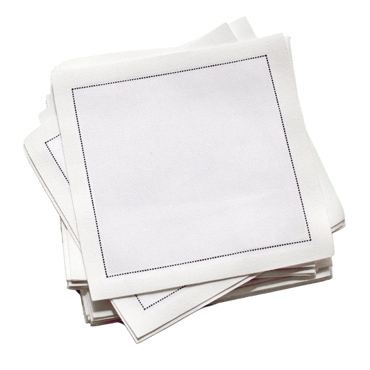 Stack of white organic cotton cocktail napkins with a black stitched border, by Five Star Napkins