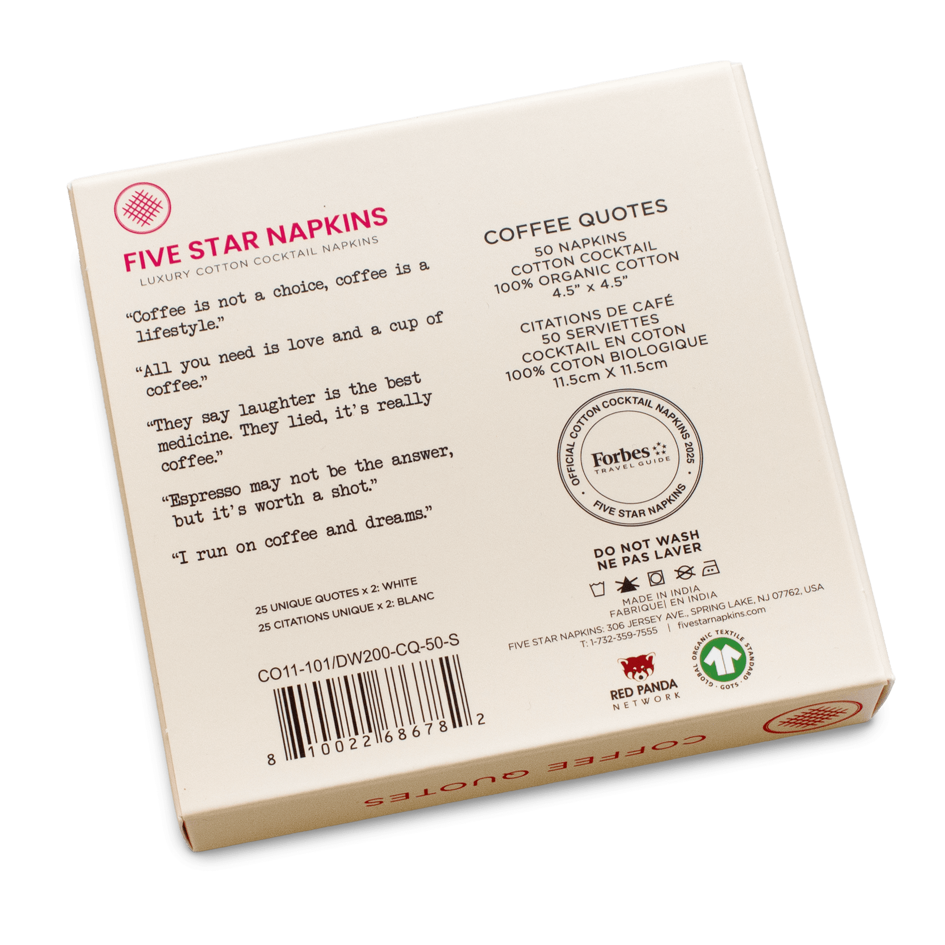 Back of the gift box from Five Star Napkins' Coffee Quotes quote collection, showing organic cotton cocktail napkin product details and the Forbes Travel Guide seal