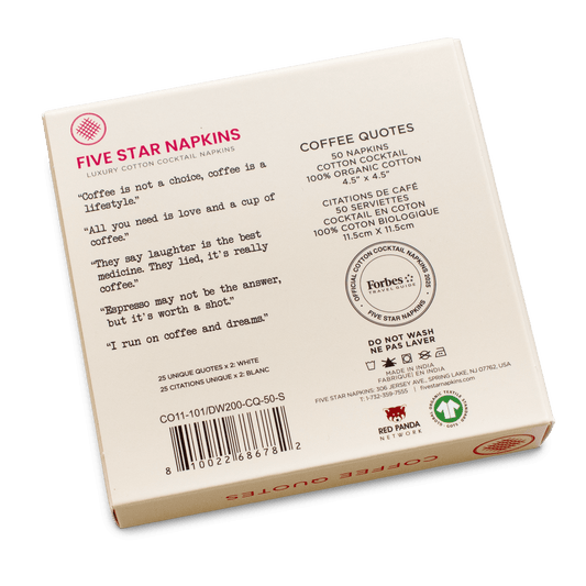 Back of the gift box from Five Star Napkins' Coffee Quotes quote collection, showing organic cotton cocktail napkin product details and the Forbes Travel Guide seal