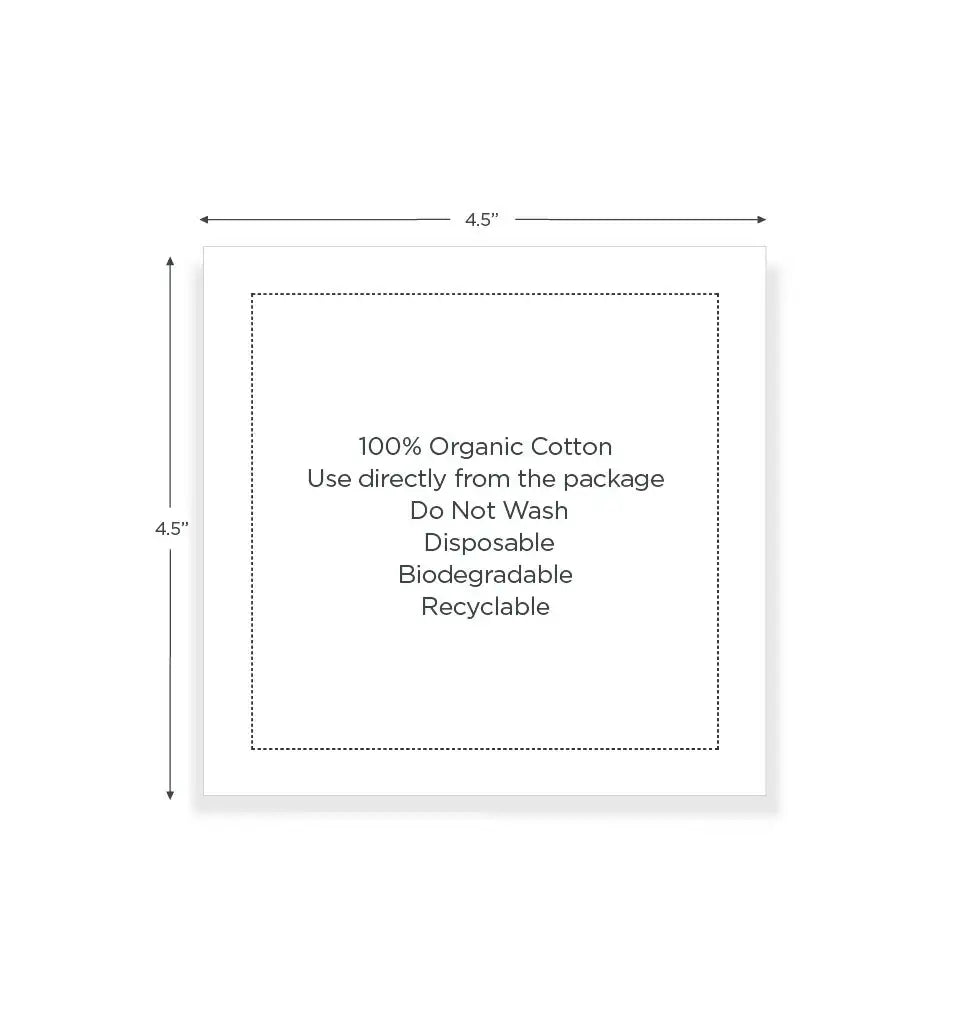 4.5 inch square white organic cotton napkin with printed instructions and quote text.