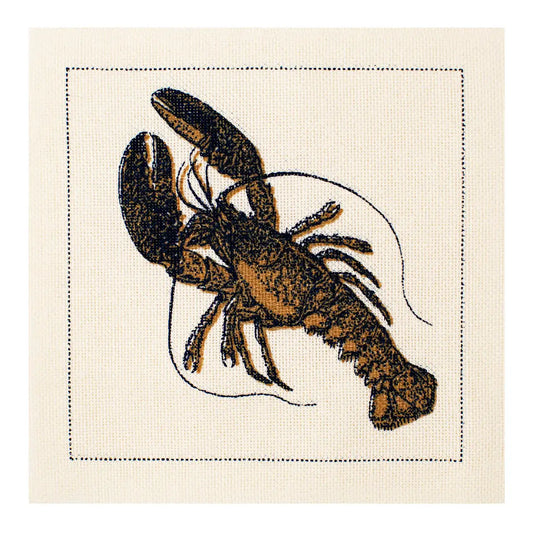Organic cotton cocktail napkin featuring an embroidered lobster design on linen fabric