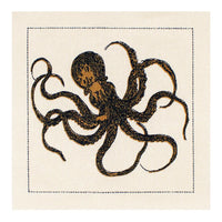 organic cotton cocktail napkin featuring black octopus illustration and stitched border
