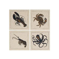 Set of four organic cotton napkins with embroidered lobster, crab, shrimp, and octopus illustrations.