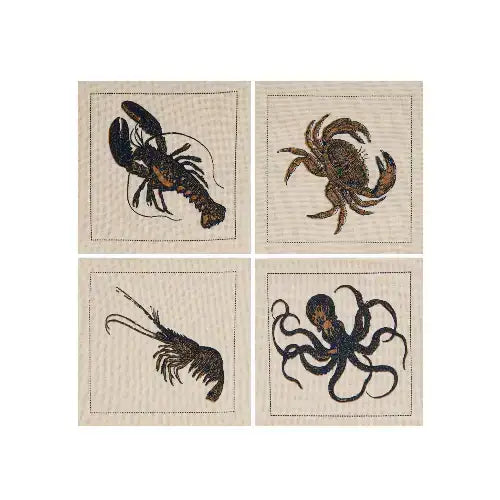 Set of four organic cotton napkins with embroidered lobster, crab, shrimp, and octopus illustrations.