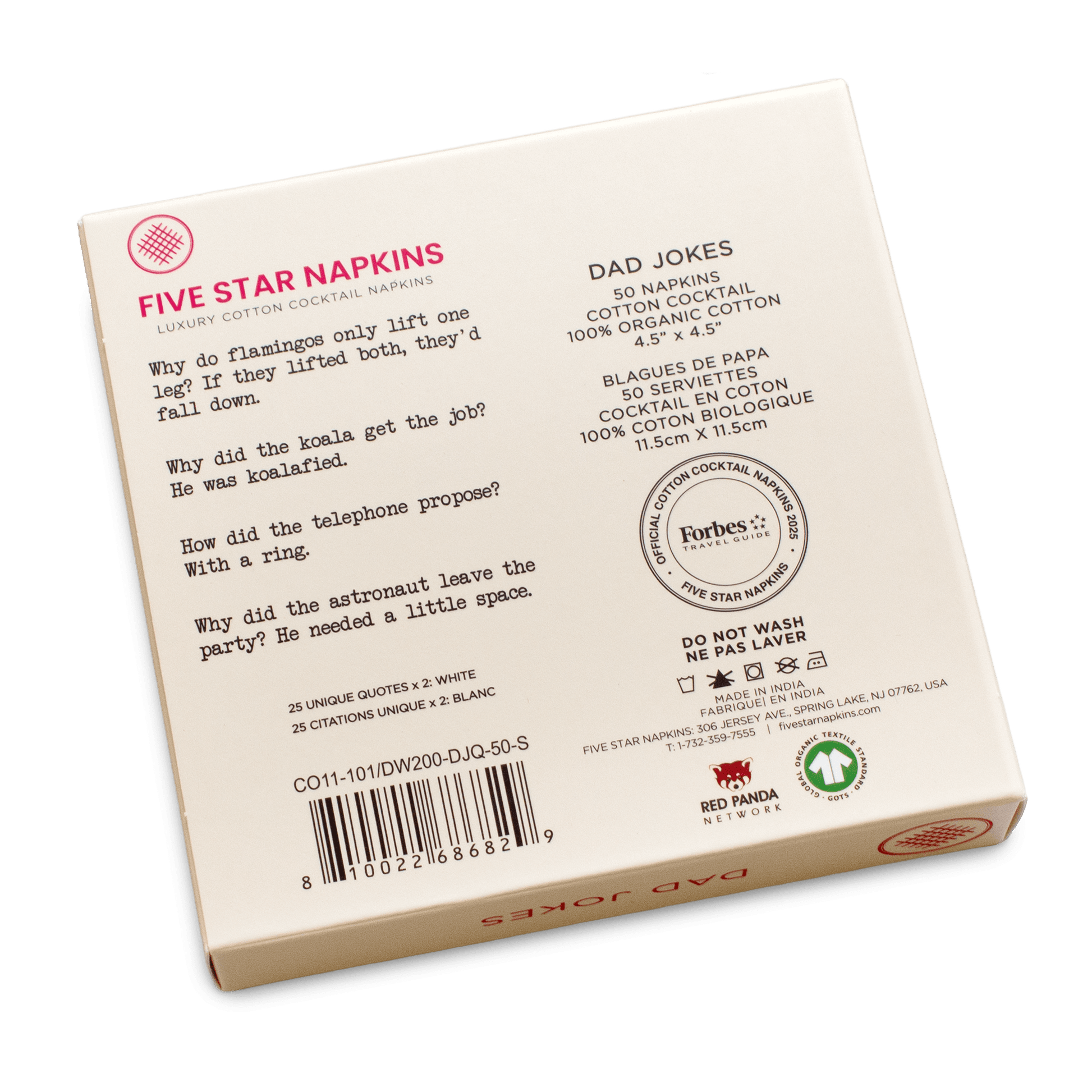 Back of Five Star Napkins box with dad jokes, luxury organic cotton cocktail napkins details