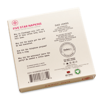 Back of Five Star Napkins box with dad jokes, luxury organic cotton cocktail napkins details