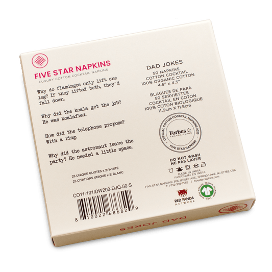 Back of Five Star Napkins box with dad jokes, luxury organic cotton cocktail napkins details