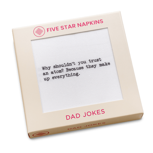 Five Star Napkins luxury cocktail napkins box with dad joke text, organic cotton design