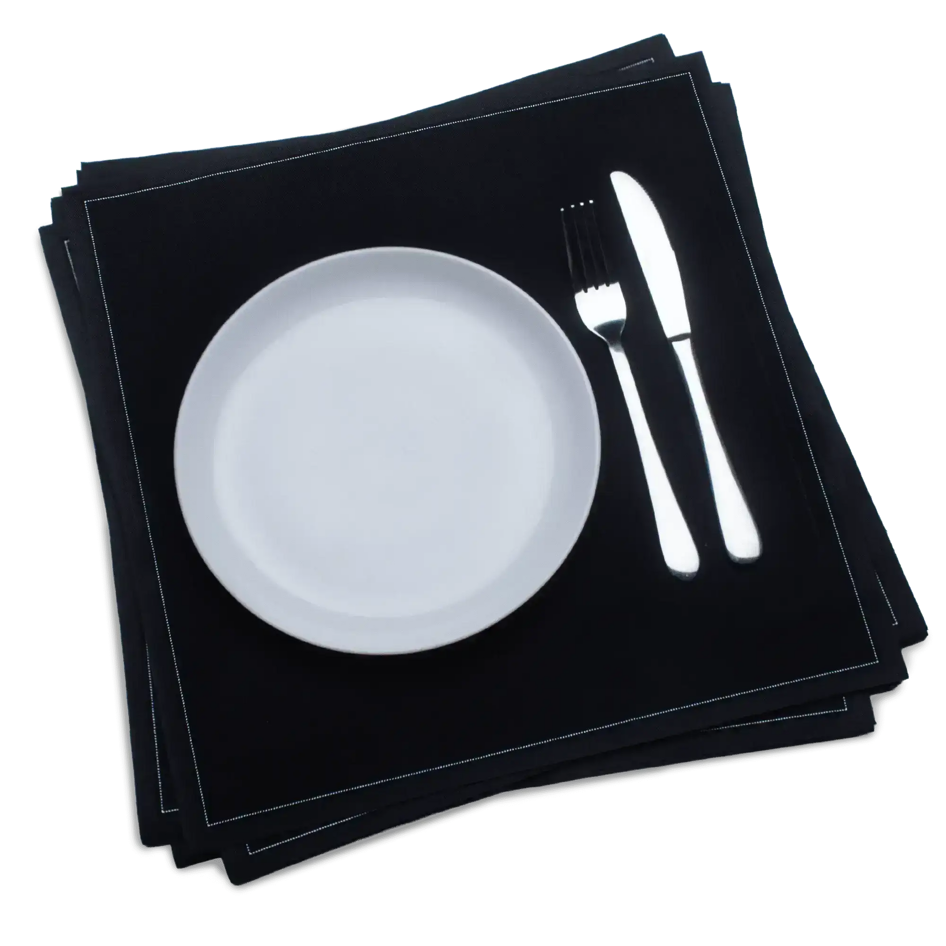 Luxury black cotton dinner napkin with white plate, fork, and knife, Five Star Napkins