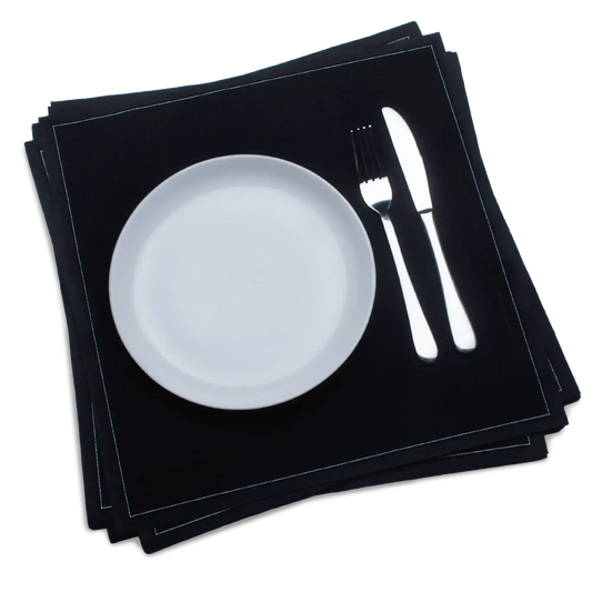 Luxury black cotton dinner napkin with white plate, fork, and knife, Five Star Napkins