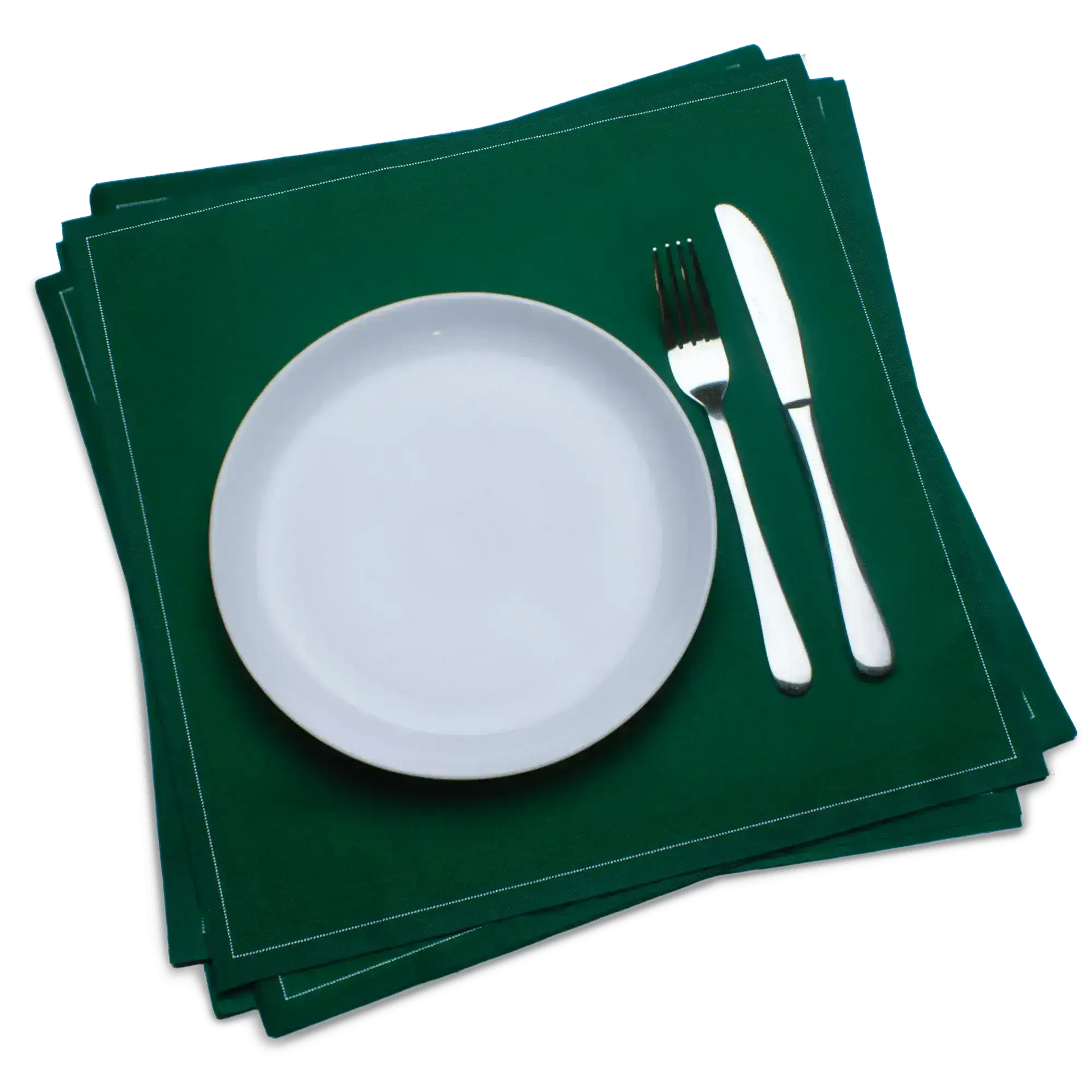 Green luxury cotton dinner napkins with white plate, fork, and knife on top