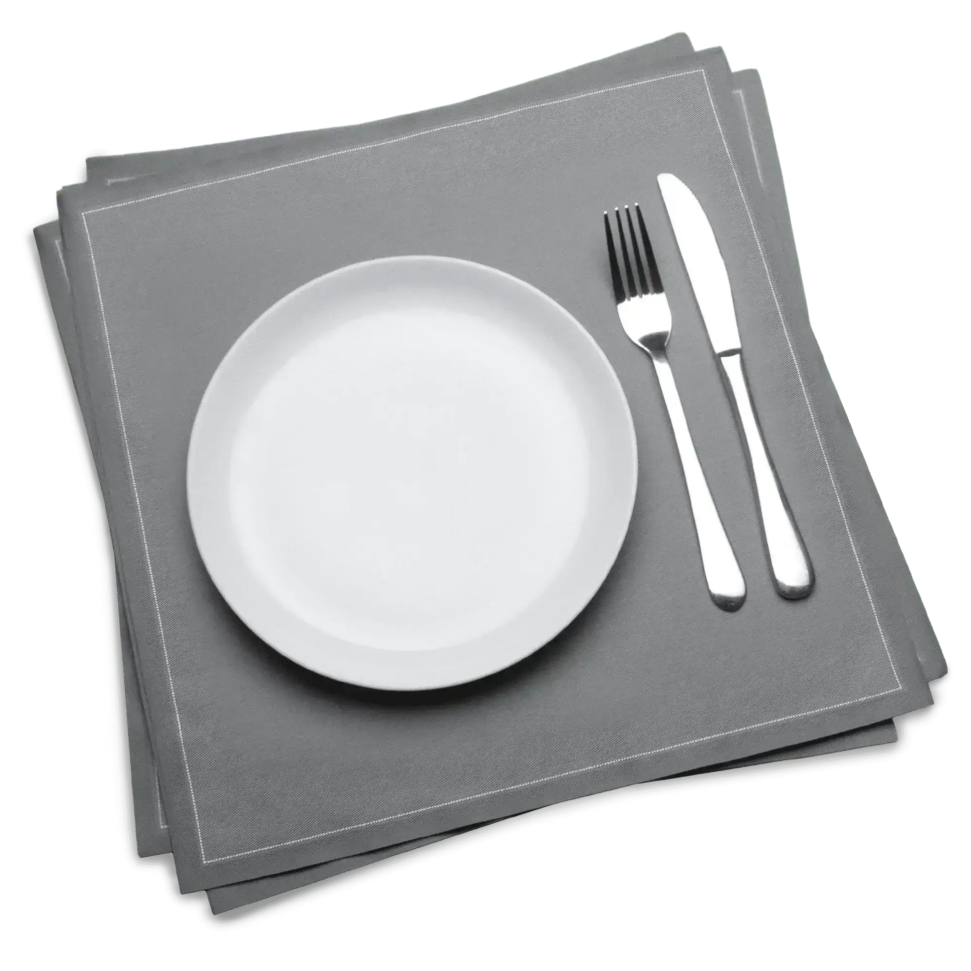 Grey luxury dinner napkins with white plate, fork, and knife on top, Five Star Napkins