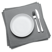 Grey luxury dinner napkins with white plate, fork, and knife on top, Five Star Napkins