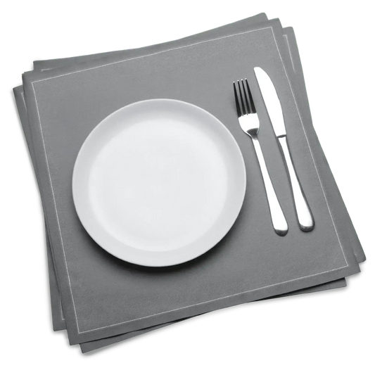 Grey luxury dinner napkins with white plate, fork, and knife on top, Five Star Napkins