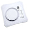 Stack of white organic cotton dinner napkins with a white plate, fork, and knife, by Five Star Napkins.