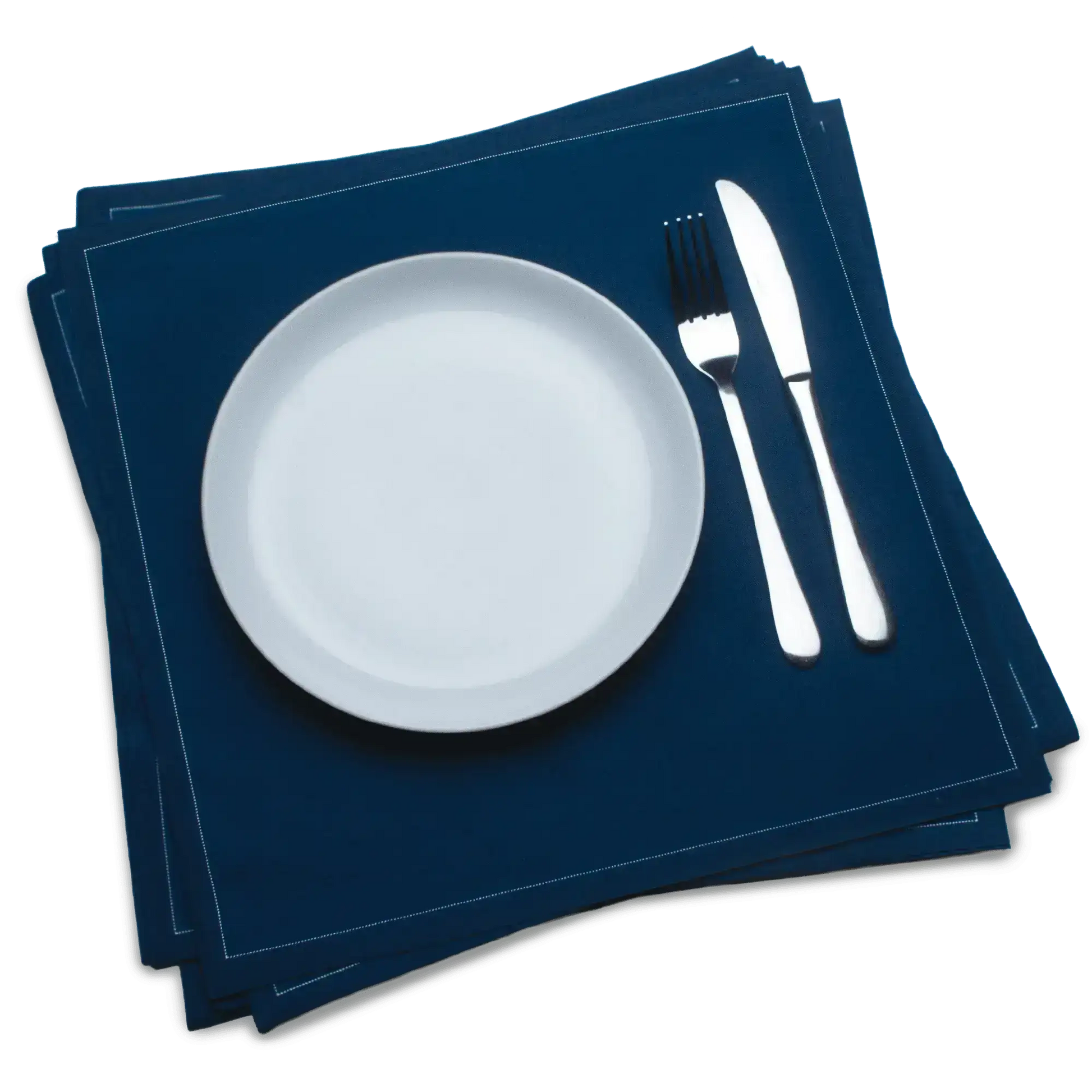 Midnight blue organic cotton dinner napkins with white plate, fork, and knife